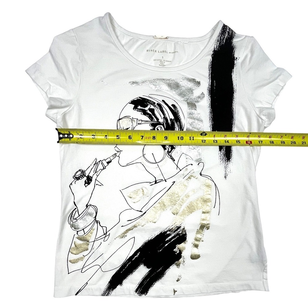 Chico's Black Label White Graphic T-Shirt Metallic Gold Silver Foil Woman Size 1 - Picture 3 of 7